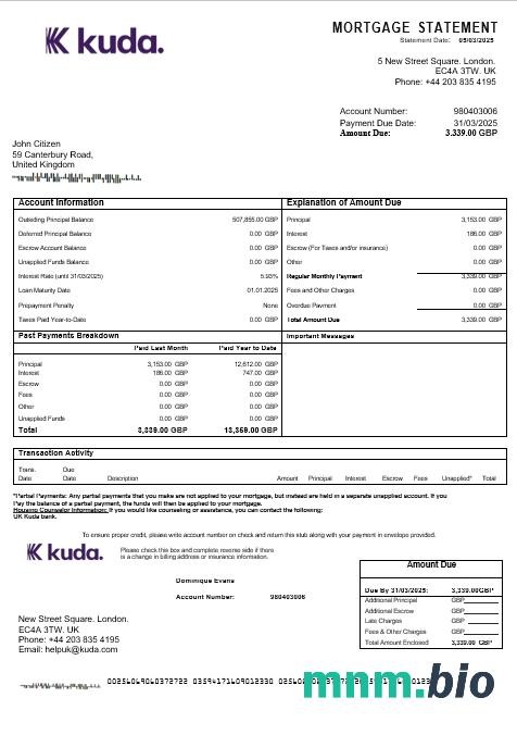 Zjednoczone Królestwo Kuda Bank wyciąg z kredytu hipotecznego w formatach Word i PDF